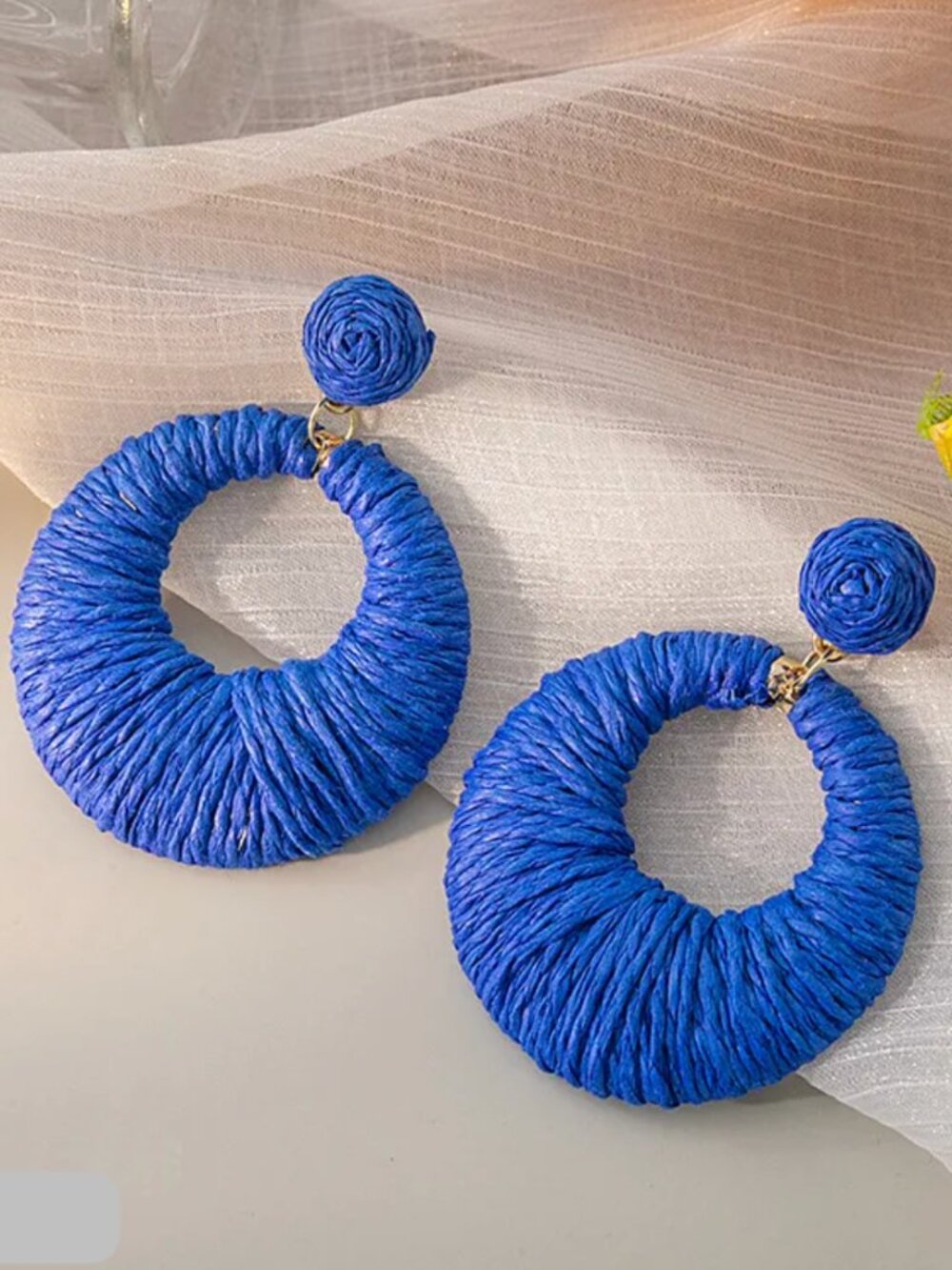 Handwoven Raffia Earrings - Royal Blue